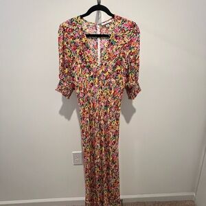 Pink and White Floral Wrap Maxi Dress with V-Neck